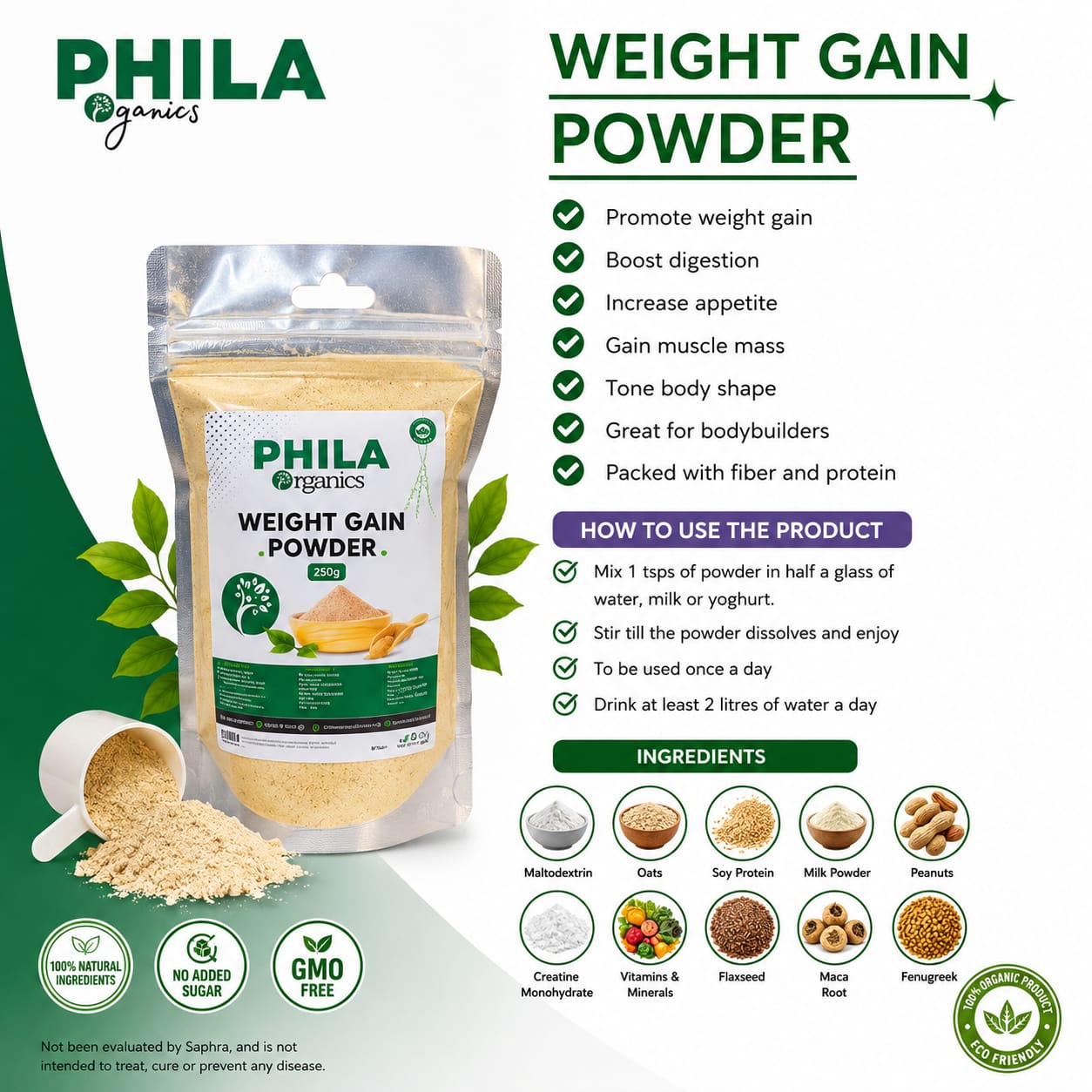 Phila Organics weight gain powder packaging with product details and usage instructions.