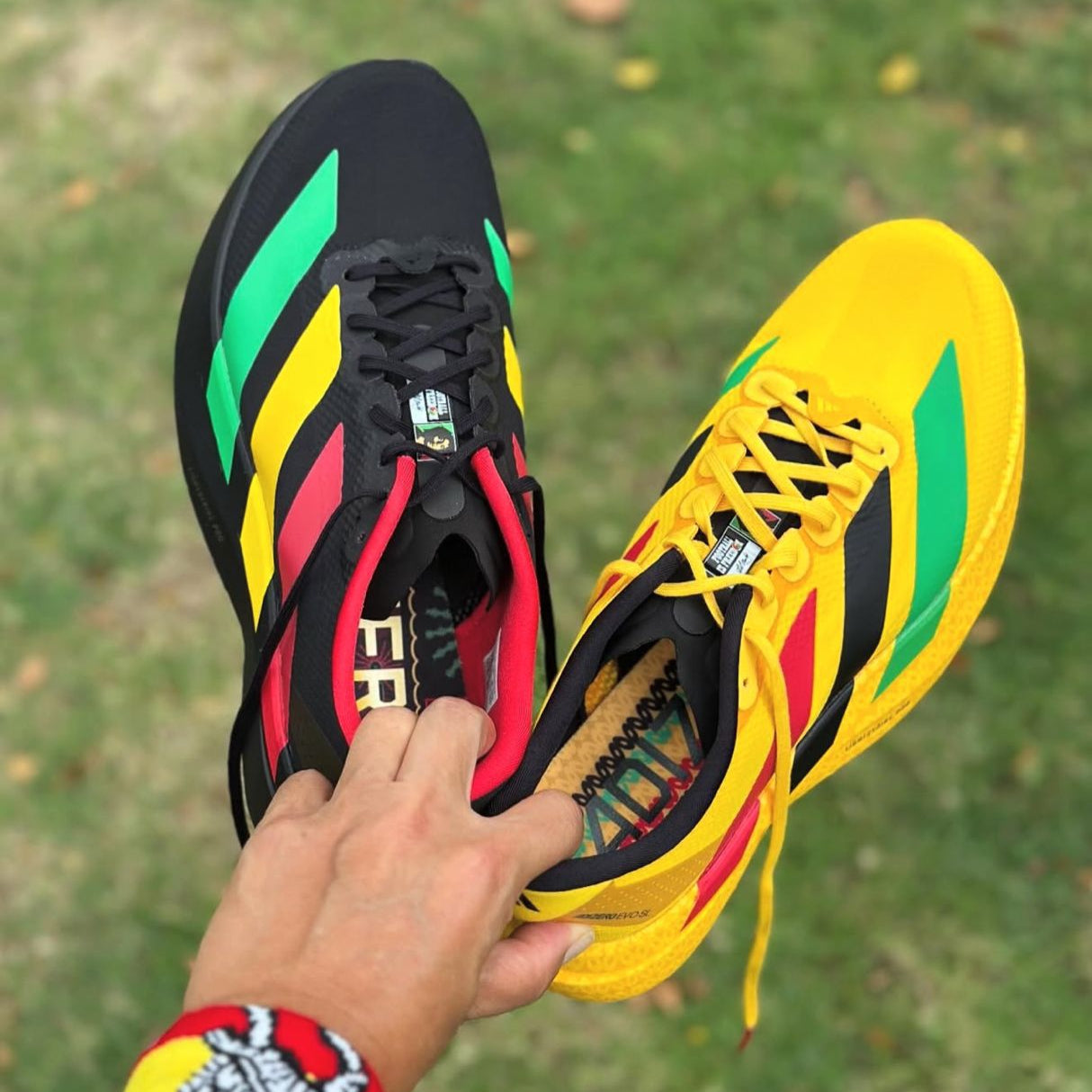Adidas Colorful running shoes with black, yellow, green, and red design held by a person against a grassy background.